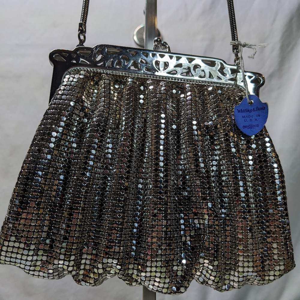 Whiting & Davis Vintage Mesh Silvertone Mini Handbag Kisslock With Tag